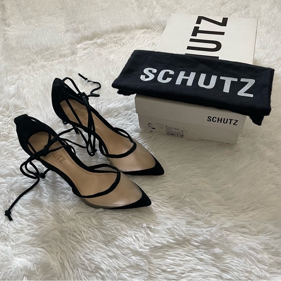SCHUTZ Shoes - EUC SCHUTZ Sissa Mesh & Suede Pointed Toe Ankle Wrap High Heels!